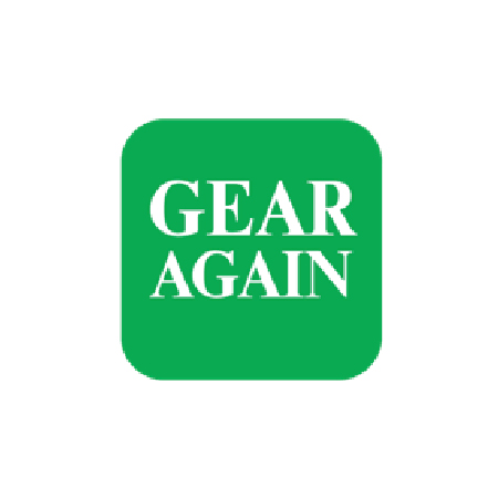Gear Again Logo. A green square with white words 'gear again' in the center.