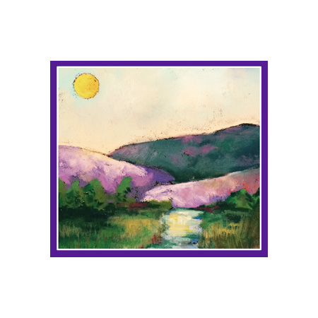 A pastel painting of mountains with hues of purple and green underneath a yellow sun. In the foreground there is a green marshy area.