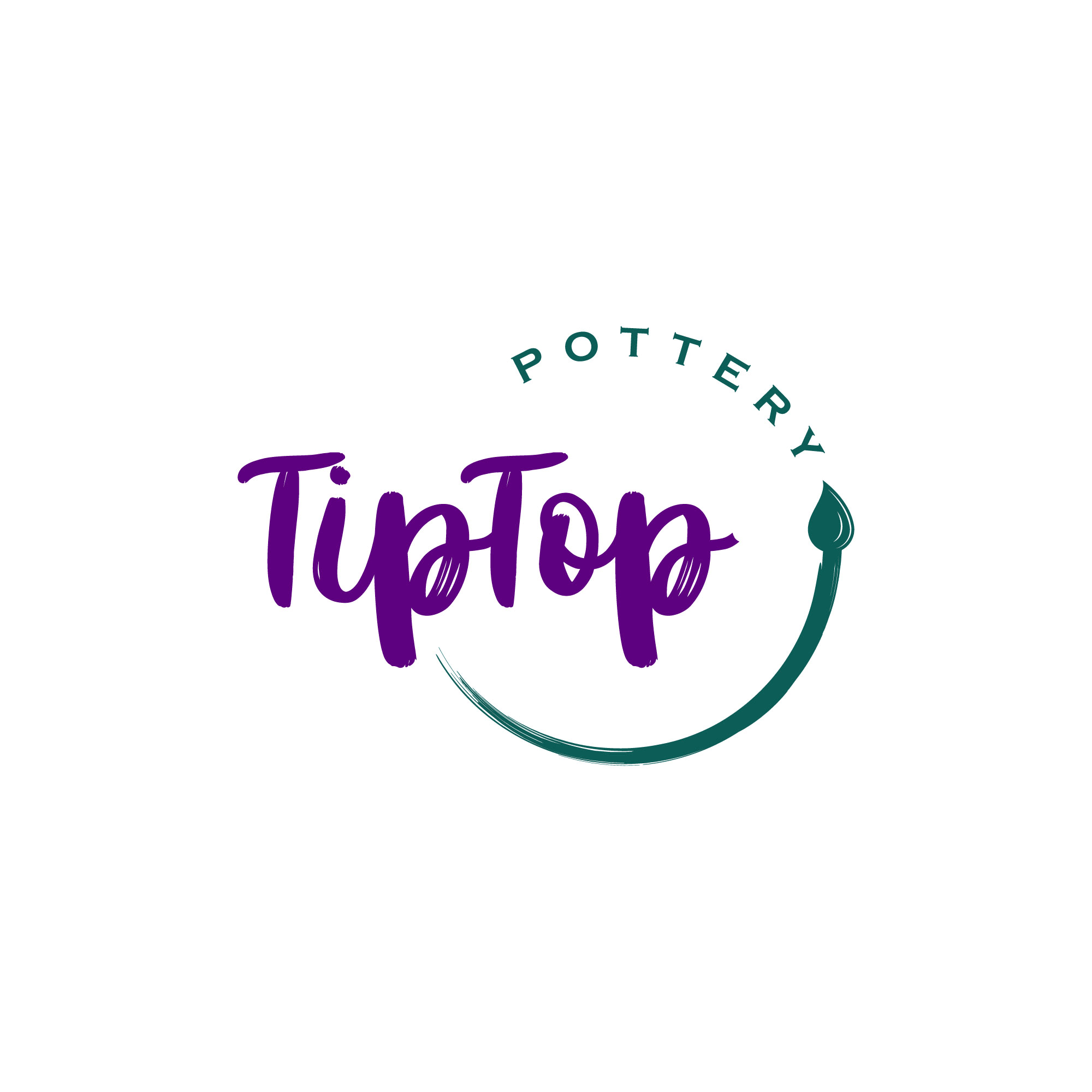 Logo image for Tip Top Pottery, purple and green text on a white background with an illustration of a small green paintbrush.
