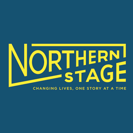 The logo for Northern Stage. Yellow text over a dark green background reading Northern Stage change lives one story at a time. 